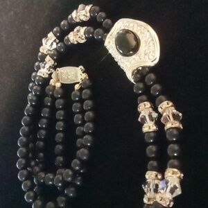 Vintage black onyx & lead crystal Collar  necklace 16 inches long & layered .